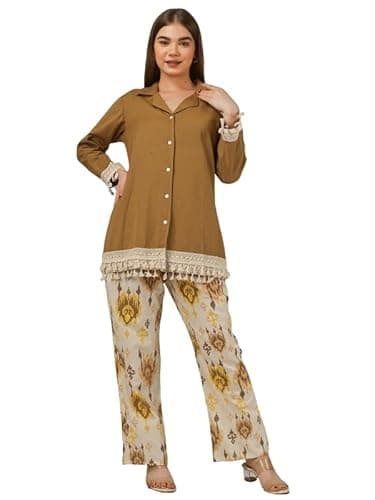 ANUSHIL Women’s Coord Set – Brown Cotton Shirt Top with Crochet Lace Detailing and Ikat Printed Straight Pants | Ethnic Fusion Casual Wear Outfit