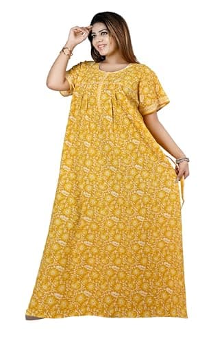 Bejod's Collection Yellow Nighty for Women Front Zip Open | Pure Cotton Maxi Nighty Printed Floral | Full Length Nightgown | Plus Size Loose Fit Summer Nightwear L -4XL (Yellow, 3XL) 3