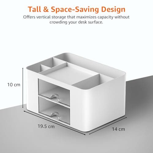 Amazon Basics Desk Organiser with 7 Compartments | 19.7 × 14.2 × 10 cm | White | Durable Plastic | Pack of 2 2