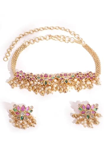 Rubans 22KT Gold-Plated Ruby & Emerald-Studded Pearl-Beaded Choker Set