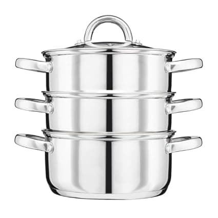 Cooks Professional 3 Tier Stainless Steel Steamer Pan | Durable Vegetable Steam Cooker Pots with Glass Lid, Vent & Twin Handles | Suitable for All Hobs Inc Induction | Dishwasher Safe | 24cm Diameter