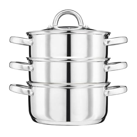 Cooks Professional 3 Tier Stainless Steel Steamer Pan | Durable Vegetable Steam Cooker Pots with Glass Lid, Vent & Twin Handles | Suitable for All Hobs Inc Induction | Dishwasher Safe | 24cm Diameter