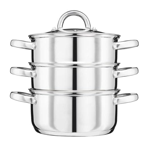 Cooks Professional 3 Tier Stainless Steel Steamer Pan | Durable Vegetable Steam Cooker Pots with Glass Lid, Vent & Twin Handles | Suitable for All Hobs Inc Induction | Dishwasher Safe | 24cm Diameter