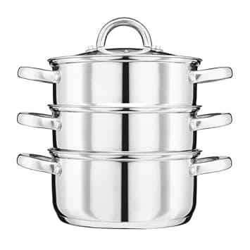 Cooks Professional 3 Tier Stainless Steel Steamer Pan | Durable Vegetable Steam Cooker Pots with Glass Lid, Vent & Twin Handles | Suitable for All Hobs Inc Induction | Dishwasher Safe | 24cm Diameter