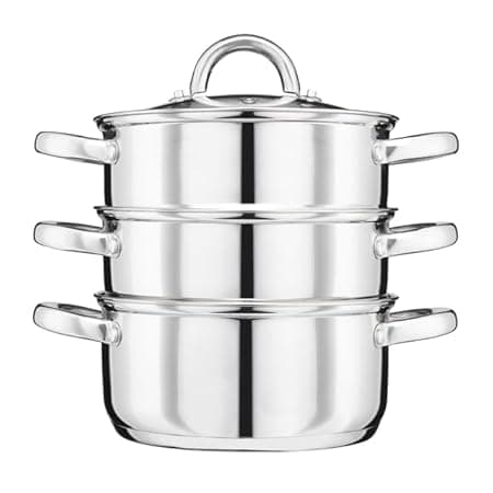 Cooks Professional 3 Tier Stainless Steel Steamer Pan | Durable Vegetable Steam Cooker Pots with Glass Lid, Vent & Twin Handles | Suitable for All Hobs Inc Induction | Dishwasher Safe | 24cm Diameter