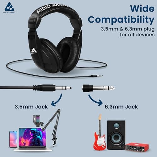 Audio Array Studio Monitoring Headphones | AH-45-BK Overhead Headphones, 40mm Deep Bass Closed-Back, 20–20kHz, 32Ω, 100dB SPL, 3m OFC Cable, Dual Adapter - Black 5
