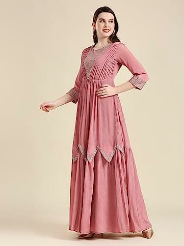 madhuram textiles Women Chinon Chiffon Traditional Ethnic Long Western Dress with Embroidery Work Long Kurta(M-2361) (in, Alpha, XL, Regular, Pink) 3