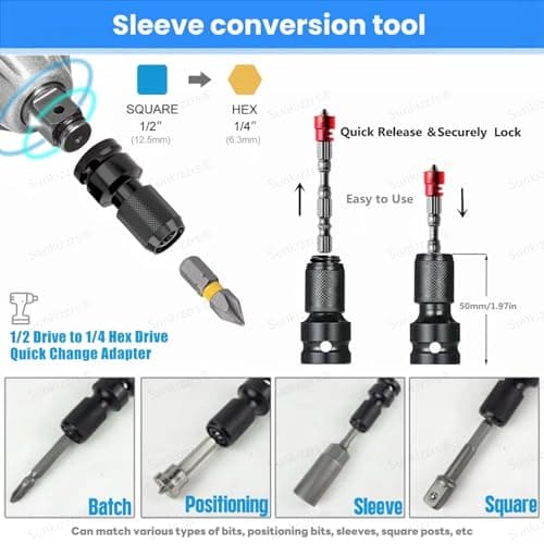 Sunkizzrs® 2-Set Rapid Release Converter—1/2" Square Drive to 1/4" Hex Female Socket Adapter—Quick Release Impact Bit Holder—Drill Chucks Adaptor Conversion for Impact Wrench included Ring & Rod 5