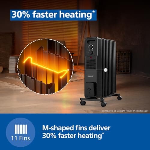 PHILIPS 11 Fin Oil Filled Room Heater (OFR) | M-Shaped fins for faster, uniform heating | Two Knob Controls for temperature & heat modes | Tilt & Auto Shut-Off Safety | PTC Fan Heater for quick warmth 2