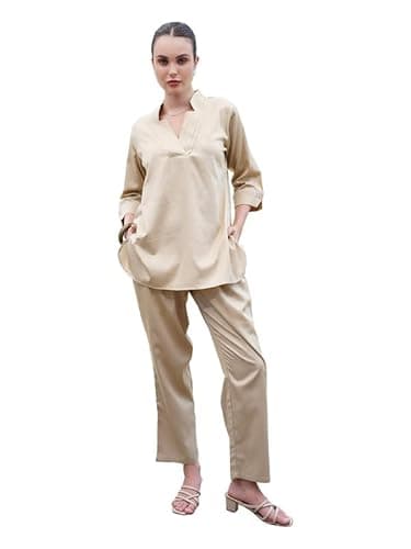 TITTLI Cotton Silk Co-Ord Set for Women | V-Neck Tunic with Three-Quarter Sleeves, Side Slits & Relaxed Fit Trousers | Office & Casual Wear Outfit | L, XL, XXL, 3XL