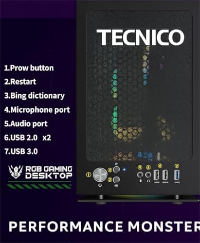 TECNICO Gaming Desktop PC, i5 3470, 16GB DDR3, 512GB SSD, 4GB Graphics, 22-inch IPS Borderless Monitor, RGB Keyboard Mouse Headphone Set, Webcam, WiFi 6