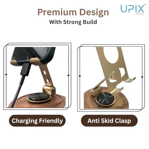 Upix Mobile Phone Holder Stand – Adjustable Metal Phone Dock with Wooden Look Base – Sleek Gold Design – Stable & Stylish Desk Stand for All Smartphones – Office, Home Use 5