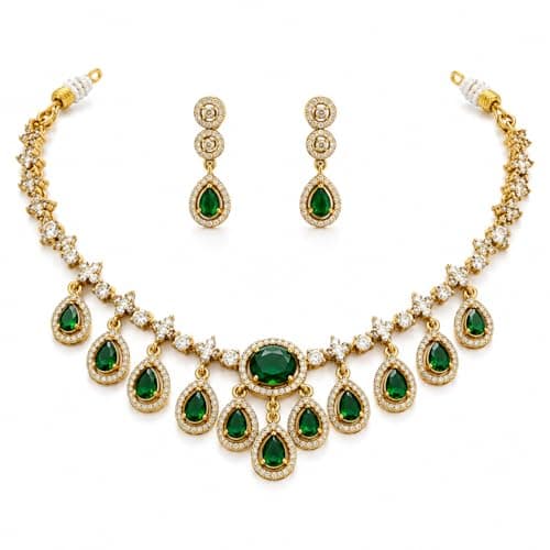 Visaga Aura Emerald Green Teardrop Stone Necklace Set for Women & Girls | Gold Plated CZ Diamond Choker Necklace with Matching Earrings | Bridal Wedding Party Jewellery Set | Traditional & Ethnic Fash