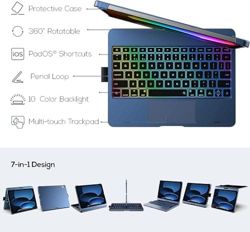 typecase Touch Keyboard for A16 (11th) & 10th Gen with Multi-Touch Trackpad, 11-Colors Backlit, 360° Rotatable Multi Viewing Angle, Pencil Holder (NOT FIT for Air 11/10.9 & Pro 11) - Midnight Blue'26 2