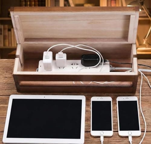 BLACK FOREST INDIA Wooden Cable Management Box, Natural Wood Cord Organizer with Lid, Desktop Cable Storage Box for Power Strip and Chargers 3