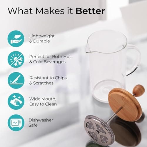 GRILIX 800ml French Press Coffee Maker I Wooden Lid and Cork Base | Premium Heat Resistant Borosilicate Glass I Stainless Steel Filter Mesh [Pack of 1] 2