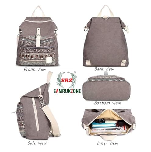 SAMRUKZONE SRZ Ethnic Print Convertible Canvas Backpack for Women 3-in-1 Multi-Way Carry Shoulder Bag Handbag Backpack Travel College & Office Daily Use Bag (38x30x14 cm) (GREYISH_BROWN) 2