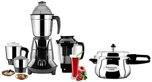 Butterfly Jet Elite Mixer Grinder, 750W, 4 Jars (Grey) & Curve Stainless Steel Pressure Cooker, 5.5 Litre