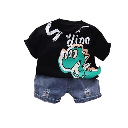 Shree Shyam Textile Cotton Kids Dress, Printed Half Sleeves T-Shirt with Denim Shorts Set (Black, 6-9 Months)