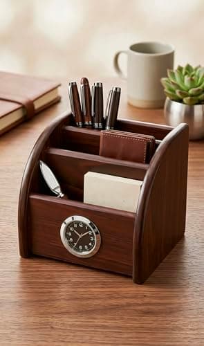 PUSHCREST Wooden Desktop Organizer with Clock, Dark Brown 3-Tier Letter Holder, Mail Sorter for Office Documents, Built-in Analogue Clock, Desktop Mounting 4