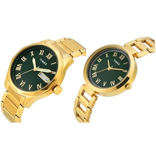 TIMEX Analog Watch for Couple with Green Round Dial & Gold Stainless Steel Bracelet Band Water Resistant Pair's Wrist Watches - TW00PR339 2