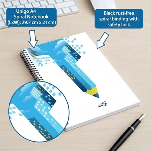 Unigo A4 Size Spiral Notebook, Single Line Ruled, Bright & Smooth Paper, 29.7 x 21 cm, (300 Pages, Uni-10) 2