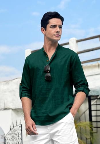 SHOPYCLICK Men’s Cotton Polyester Blend Kurta Shirt | Mandarin Collar Short Placket | Full Sleeve Casual & Ethnic Wear | Lightweight Breathable Fabric | Perfect for Festive, Party Green-Yellow 4