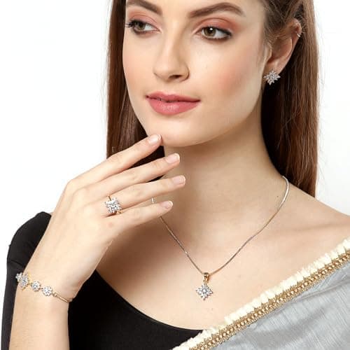 ZENEME Jewellery Set Cubic Zirconia 18K Gold Plated Elegant Pendant Set With Bracelet Ring Jewellery For Women & Girls (White) 3