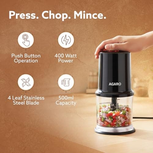 AGARO Electric Chopper, 400 Watts, Vegetable Chopper, Cutter, 100% Pure Copper Motor, Chop, Mince, Dice, Twin Stainless Steel Blade, 500 Ml, One Touch Operation, Elegant, Black. 2