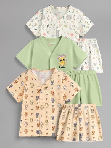 HELLCAT 100% Cotton Jhabla T Shirt & Shorts Matching Co-ords for Babies - Pack of 3 (0–18M, Unisex, ShortSleeve)_Yellow/Green/Cream_12-18Months 2