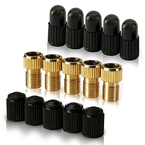 5 Pcs (+ 10 Caps) Brass Presta Valve Adapter - Convert Presta to Schrader/Auto for All Types of Bikes, e-Bikes and e-Scooters - Inflate Tire Using Standard Pump or Air Compressor - by Mobi Lock