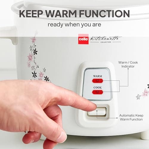CELLO Iris Electric Rice Cooker with Single Pot 1.5L White | 500W Power, Removable Aluminium Non-Stick Bowl with SS Lid, Cool Touch Handle, One Touch Automatic Warm Function, For Rice Pulao Maggi Soup 4