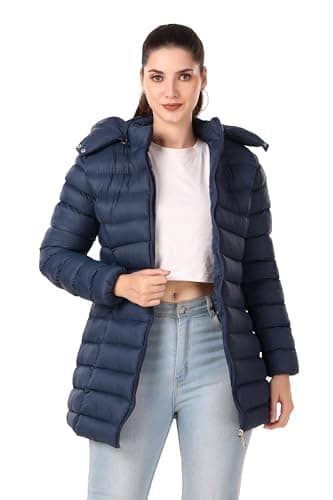 Brazo Latest Long Puffer Full Sleeve Winter Jacket For WomenWater Resistant Jacket for Woman with Hood for keep you warm (IN, Alpha, M, Regular, Deep Navy)