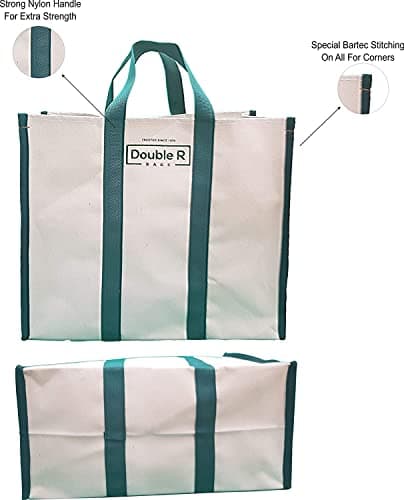 Double R Bags Women’s Eco-Friendly Cotton Canvas Shopper Tote Bag | Big Reusable Jhola Bag for Grocery, Milk, Fruits, Vegetables with Reinforced Handles | 43x21x35 cm, 1 Compartment (Green, Pack of 2) 2