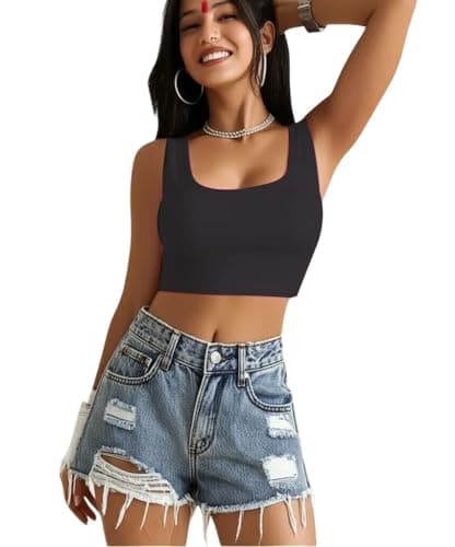 XOLANI Women’s Stylish Ribbed Sleeveless Lycra Stretchable Readymade Crop Tank Top Cami Blouse for Girls 2VX34 1044 M BLK Black 5