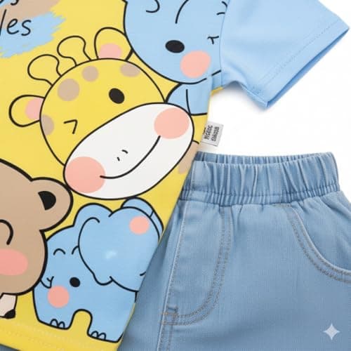 Krishn Creations Cotton Kids Clothes for Boys | Casual Printed Tshirt with Denim Short Summer Wear for Baby Boy (Yellow, 0-1 year) 4