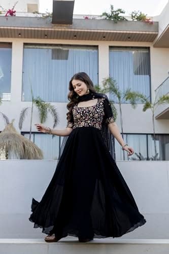Quinry Women's Georgette Embroidered Anarkali Gown with Dupatta Set - Black (in, Alpha, L, Regular) 5