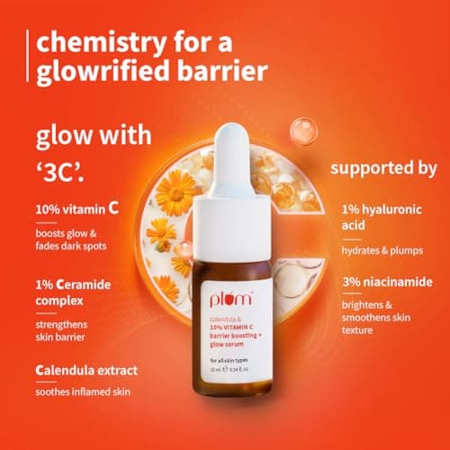 Plum 10% Vitamin C & Calendula Barrier Boosting + Glow Serum 10 ml | With 3% Niacinamide, 1% Hyaluronic acid & 1% Creamide complex| Clinically proven to reduce pigmentation & dark spots in 14 days| Bo 2