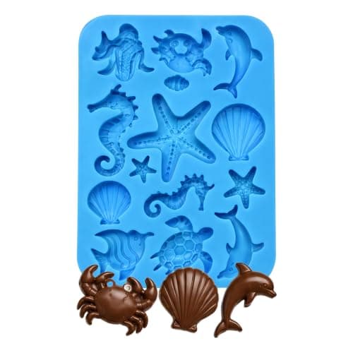 BAKEMO 14 Cavity Ocean Theme Silicone Chocolate Mould | Sea Animal & Seashell Shape | Food Grade BPA-Free Flexible Non-Stick Reusable Mold for Chocolate, Candy, Jelly, Ice Cubes, Resin & DIY Crafts