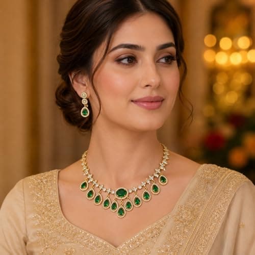 Visaga Aura Emerald Green Teardrop Stone Necklace Set for Women & Girls | Gold Plated CZ Diamond Choker Necklace with Matching Earrings | Bridal Wedding Party Jewellery Set | Traditional & Ethnic Fash 2