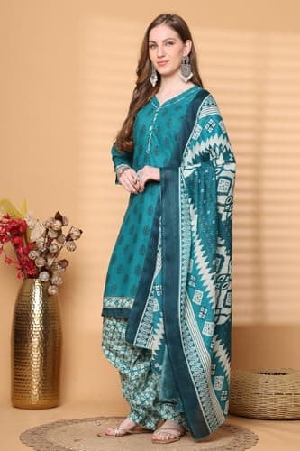 Rajnandini Women Teal Green Cotton Blend Printed Ready to Wear Patiala Salwar Suit (Readymade_S_JOPLVSRW5209-S) 4