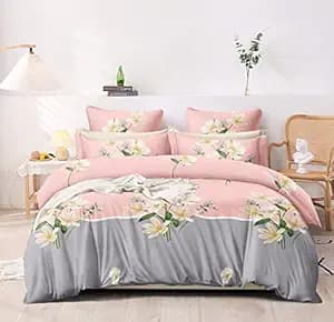 DECOMIZER Cotton Feel All Around Elastic Fitted Glace Printed King Size Double Bed Bedsheet with 2 Large Pillow Covers Fits Upto Mattress of 8 Inches,Size - 72 x 78 x 10 Inches, Peach Vase, 300 TC