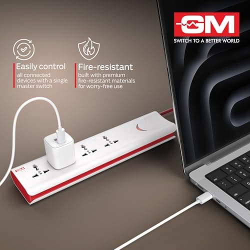GM 3060 Extension Board 10Amp Output 250 Volts with 2 Mtr Extension Cord & Surge Protector | Master Switch, Safety Shutter, 4 International Sockets | Multi Plug Travel Adapter for Home Appliances 2