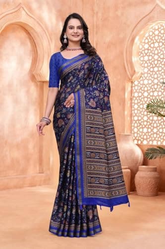 Women's Printed Saree with Decorative Border Ethnic Traditional Saree for Women Festive Party Casual Wear Saree with Unstitched Blouse Piece (ink blue) 4