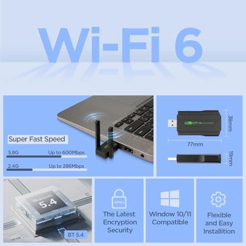 UNIGEN 900Mbps Dual Band WiFi USB Adapter with Bluetooth 5.4 | 2.4GHz & 5.8GHz Wireless WiFi Dongle 5g | Driver-Free | Supports Windows 10/11 | High-Speed USB WiFi Receiver for PC & Laptop 5