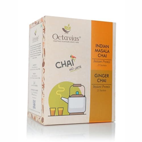 Octavius No Added Sugar Indian Masala Chai Premix 25 Sachets | Low Sugar Instant Beverage | Authentic Indian Spice Blend | 1-Minute Recipe Ready Mix | Convenient Single-Serve Pouches | Economy Value P