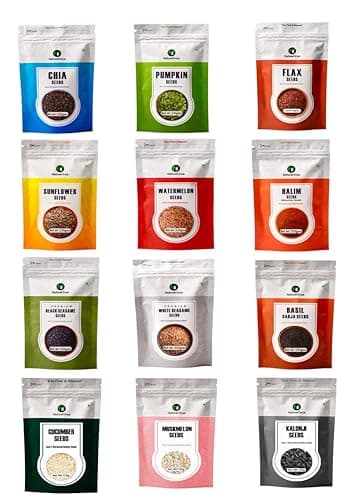 NatureOnus Pack of 12 Raw Seeds for Eating| Chia, Pumpkin, Sunflower, Flax, Watermelon, Halim, Cucumber, Muskmelon, Kalonji, White Sesame, Black Sesame & Basil Seeds |Mix Superfoods for Eating- Combo 