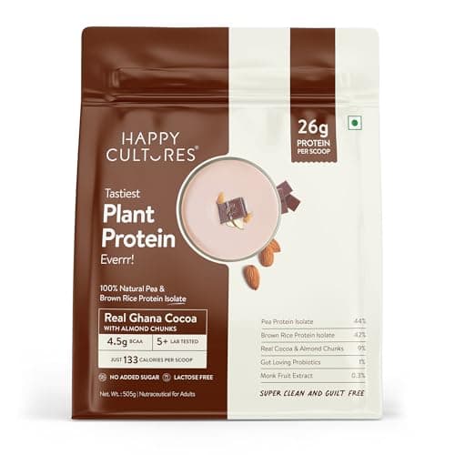 Happy Cultures 26g Tastiest Plant Protein| Chocolate, Almond Chunks & Ashwagandha (KSM 66)| Pea & Brown Rice Protein Isolate| No Added Sugar| Vegan| 20 Complete Amino Acids| Monk Fruit Extract| Women 
