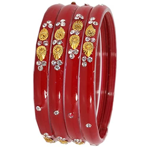 NMII Glass with Zircon Gemstone and Beads Studded Glossy Finished Kada For Women and Girls, Pack of 4, (TRed_2.8 Inches)