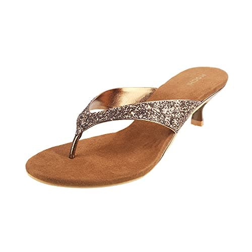 Mochi Women's Antic Gold Kitten Heel Slip On Sandals | 2 Inch Height | Synthetic Sequin Embellished Party Footwear | Lightweight Comfort | Stylish Party Festive Wear | UK 5